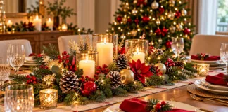 Centro de mesa con ramas de pino, piñas naturales, velas y pequeños adornos dorados.