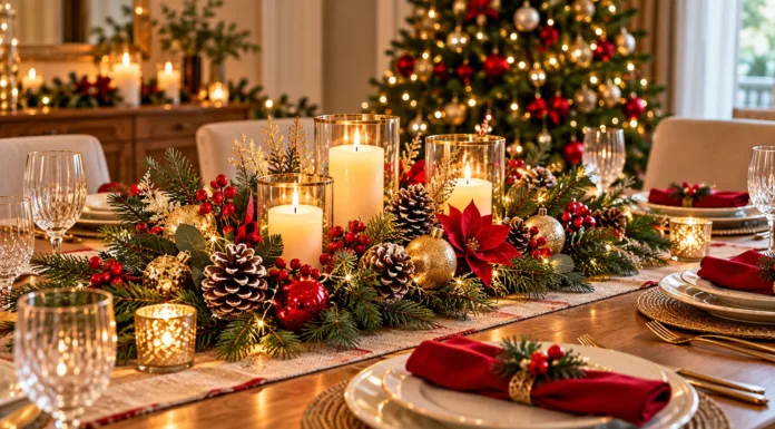 Centro de mesa con ramas de pino, piñas naturales, velas y pequeños adornos dorados.