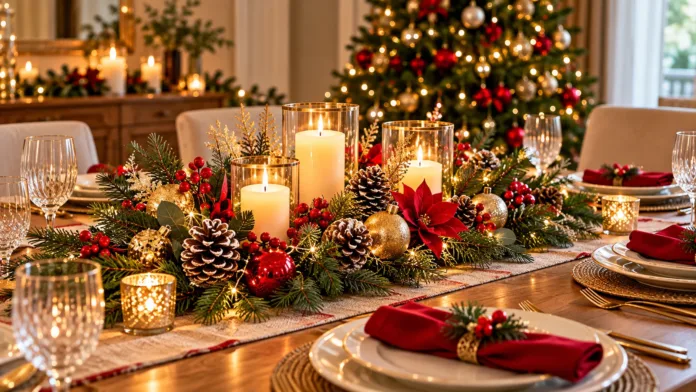 Centro de mesa con ramas de pino, piñas naturales, velas y pequeños adornos dorados.