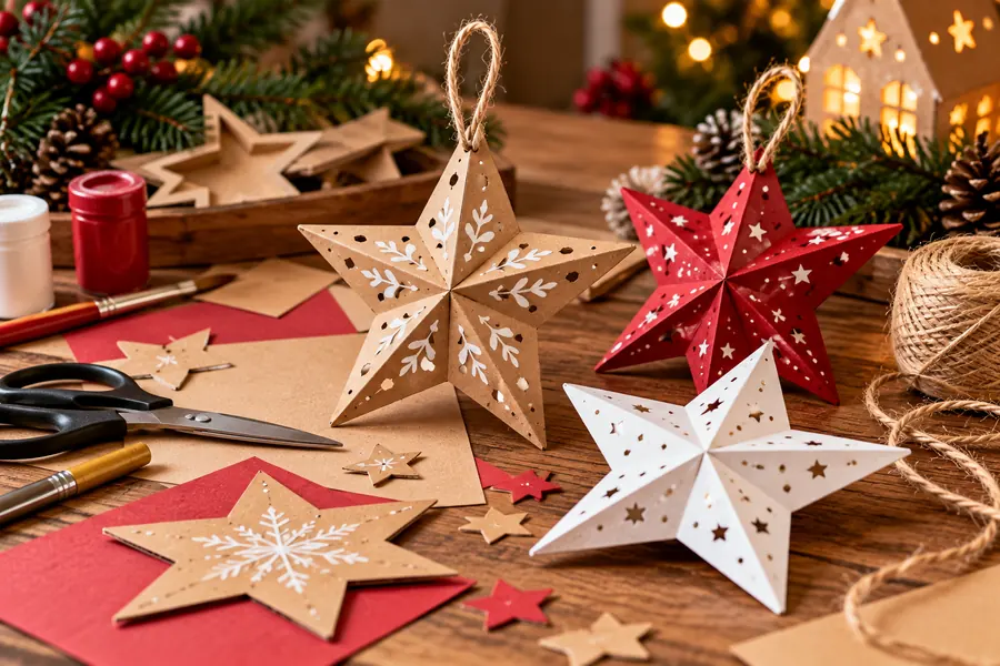 Estrellas de cartón reciclado decoradas con dibujos blancos y cordones para colgar.