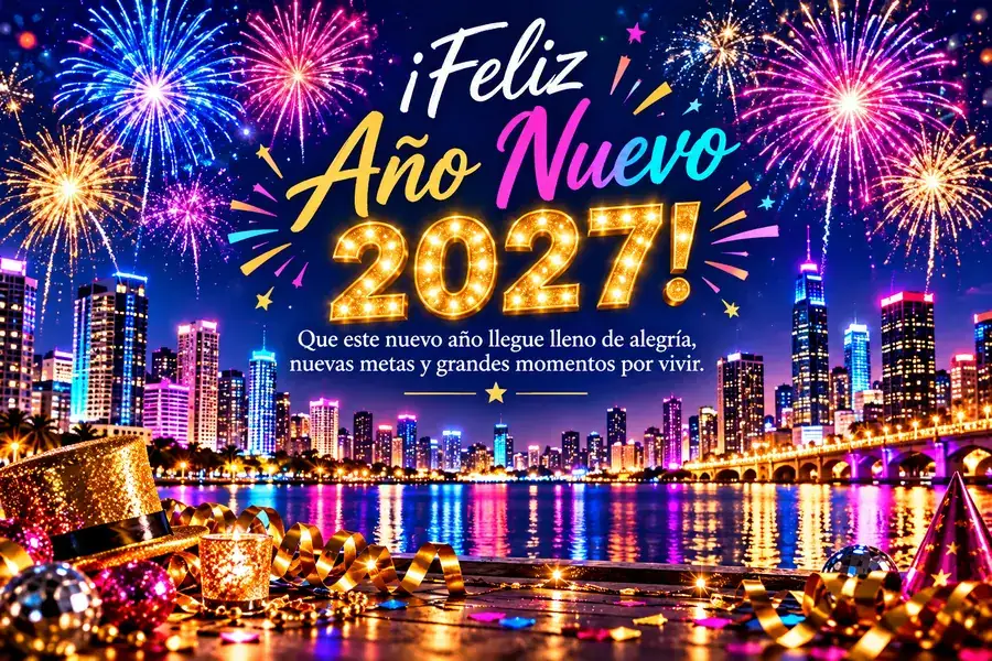 Felicitación de Año Nuevo 2027 con fuegos artificiales de colores sobre una ciudad iluminada.