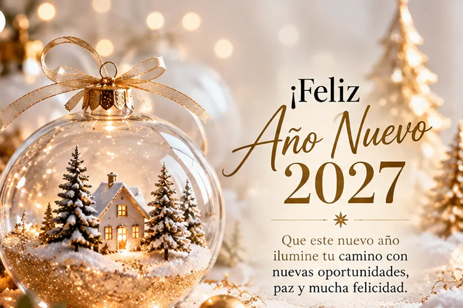 Esfera de cristal transparente con una pequeña casa nevada, árboles y luces cálidas.