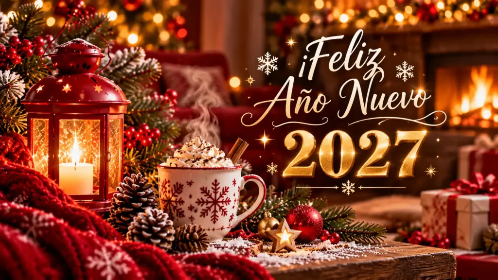 Tarjeta de Feliz Año Nuevo 2027 con farol rojo, bebida caliente y decoración acogedora.