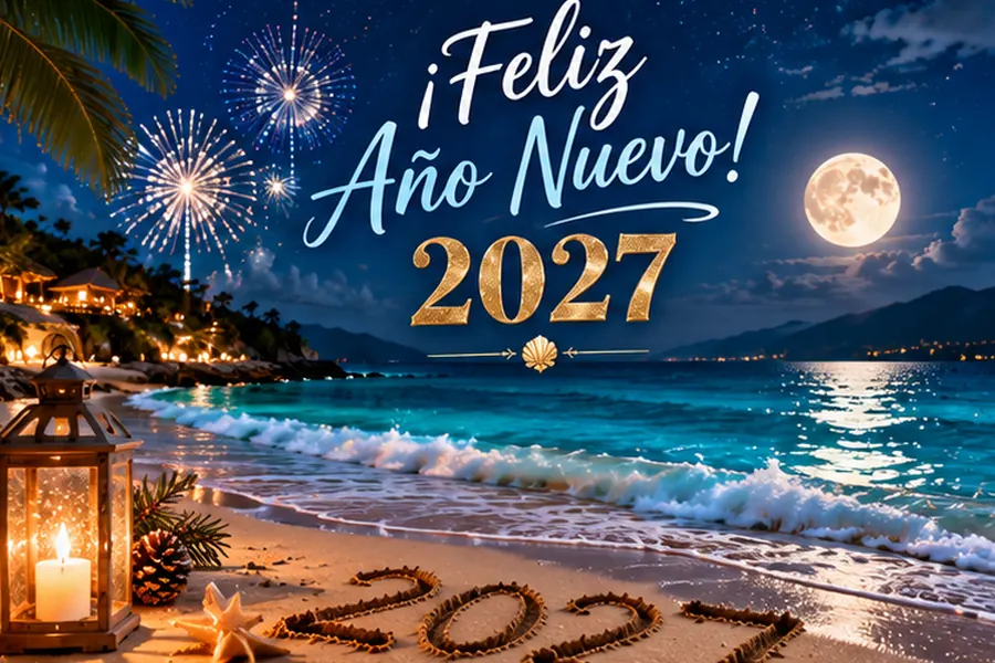 Playa tropical iluminada por la luna, con fuegos artificiales y el número 2027 escrito en la arena.