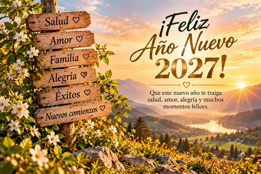Señales de madera con palabras de buenos deseos, flores blancas y un paisaje al amanecer.