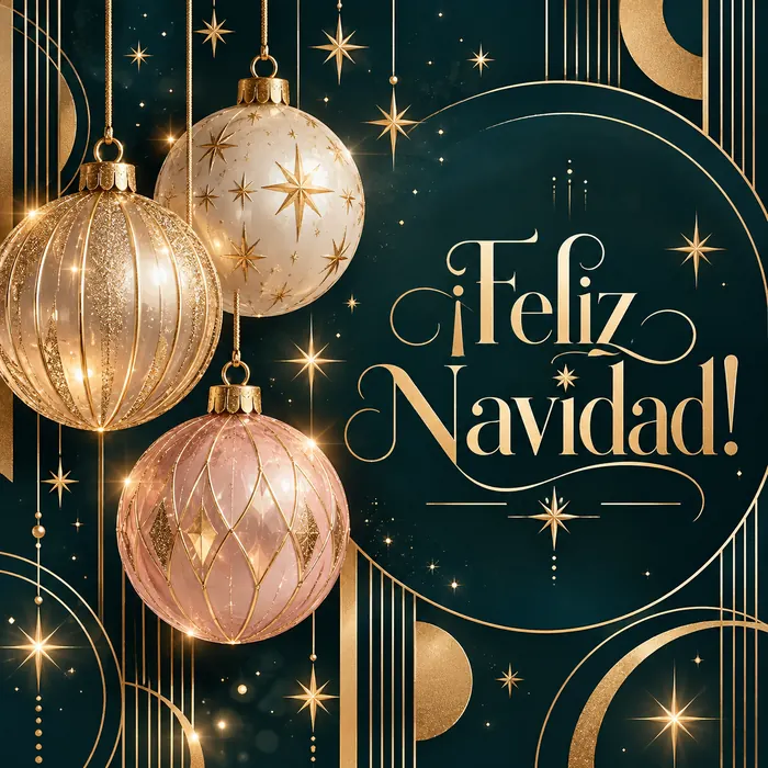 Felicitación estilo Art Déco con adornos elegantes y detalles dorados.