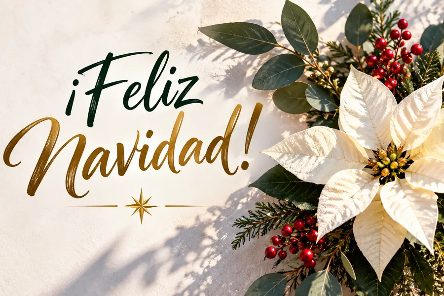 Felicitación de Feliz Navidad con flor de Pascua blanca y diseño elegante.