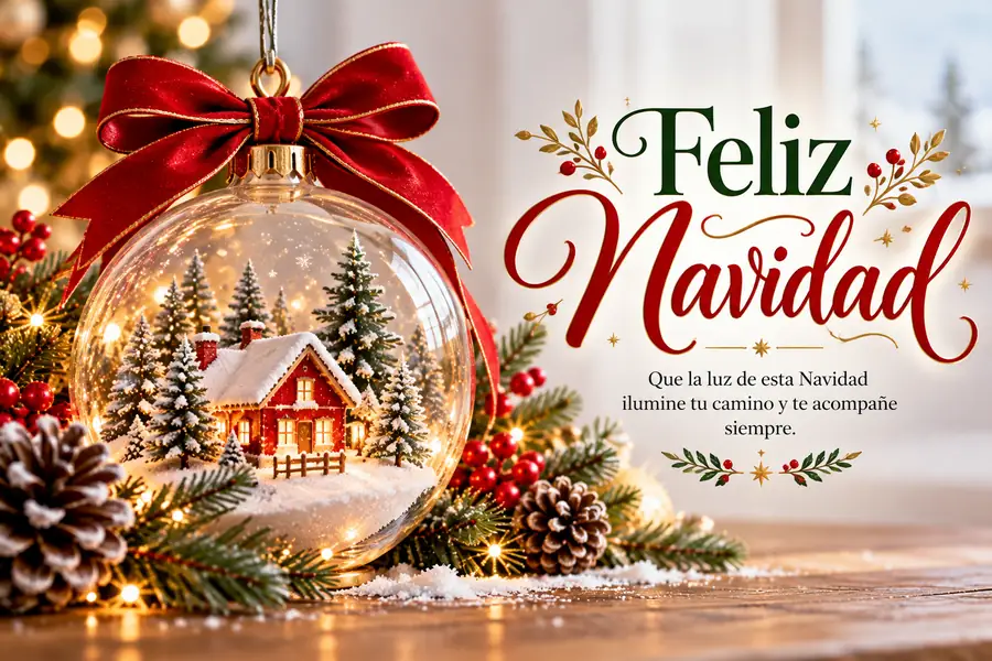 Tarjeta de Feliz Navidad con una casita nevada dentro de una esfera de cristal y mensaje de esperanza.