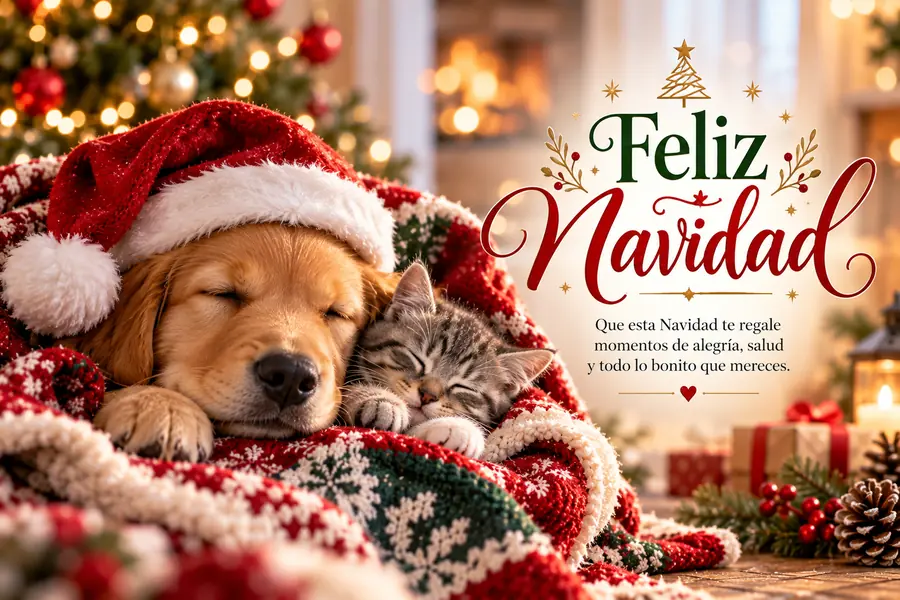 Felicitación navideña con perro y gato dormidos juntos y un mensaje de buenos deseos.