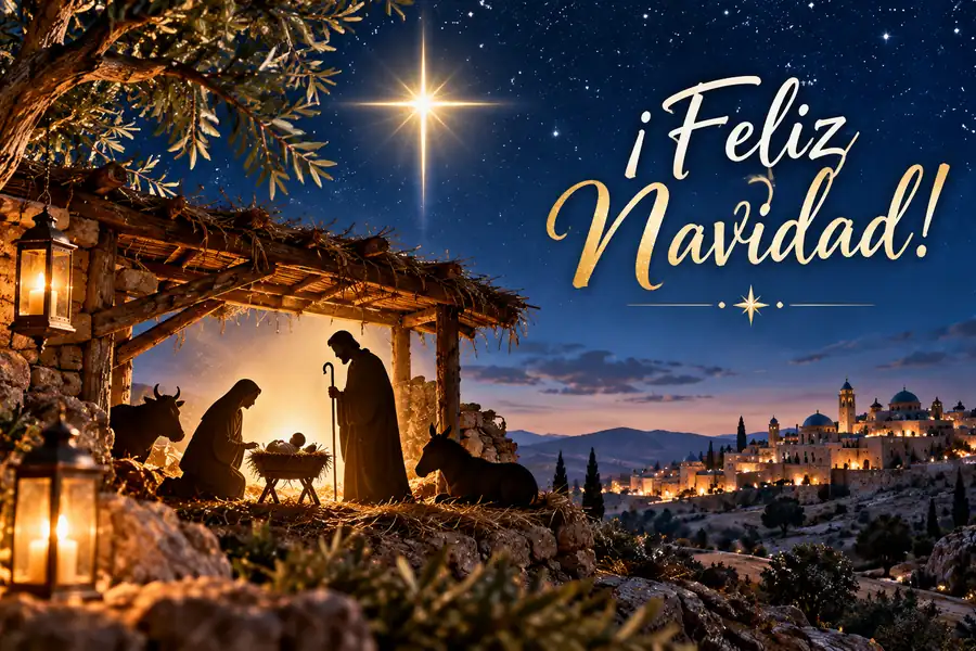 Nacimiento de Jesús en Belén bajo un cielo estrellado con felicitación de Navidad.