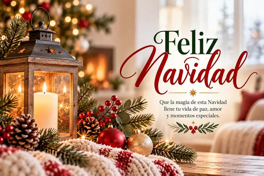 Felicitación de Navidad con vela encendida y mensaje de paz y amor.
