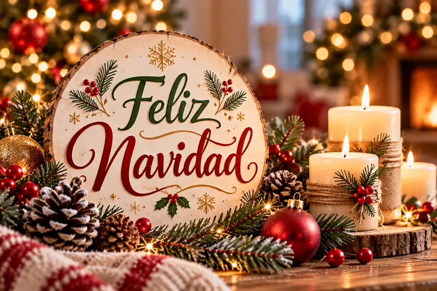 Felicitación sobre una placa de madera junto a velas y ramas de pino.