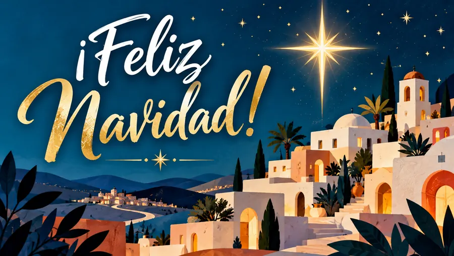 Ilustración de Feliz Navidad con pueblo mediterráneo bajo un cielo azul estrellado.