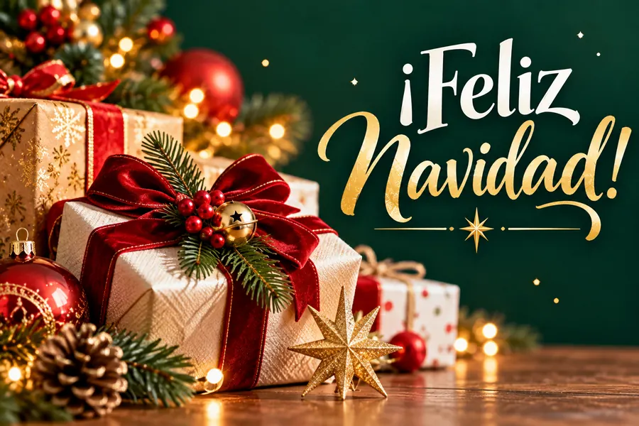 Felicitación de Feliz Navidad con regalos decorados, lazos rojos y fondo verde.
