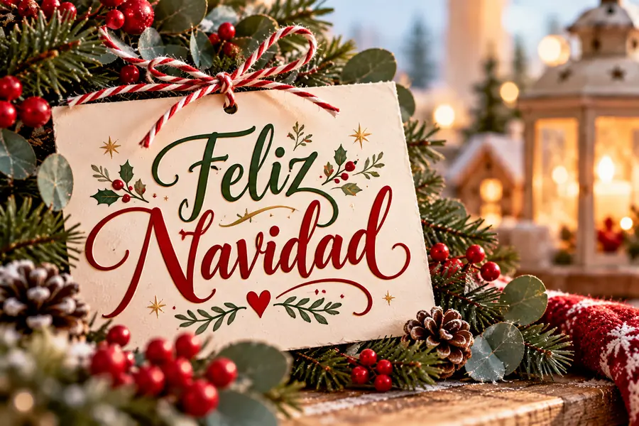 Tarjeta de Feliz Navidad con ramas de pino, frutos rojos y adornos naturales.