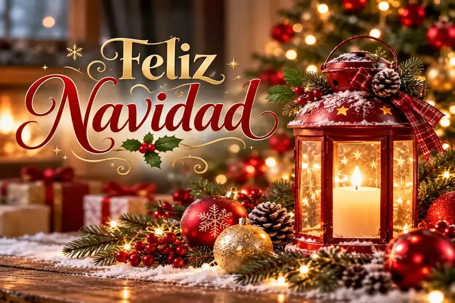 Imagen de Feliz Navidad con letras doradas y rojas, farol con vela y adornos navideños.