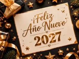 Tarjeta elegante de Feliz Año Nuevo 2027 con detalles dorados y regalos sobre fondo negro.
