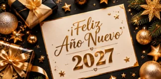 Tarjeta elegante de Feliz Año Nuevo 2027 con detalles dorados y regalos sobre fondo negro.