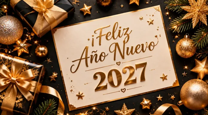 Tarjeta elegante de Feliz Año Nuevo 2027 con detalles dorados y regalos sobre fondo negro.