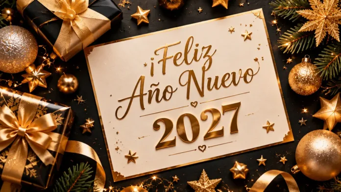 Tarjeta elegante de Feliz Año Nuevo 2027 con detalles dorados y regalos sobre fondo negro.