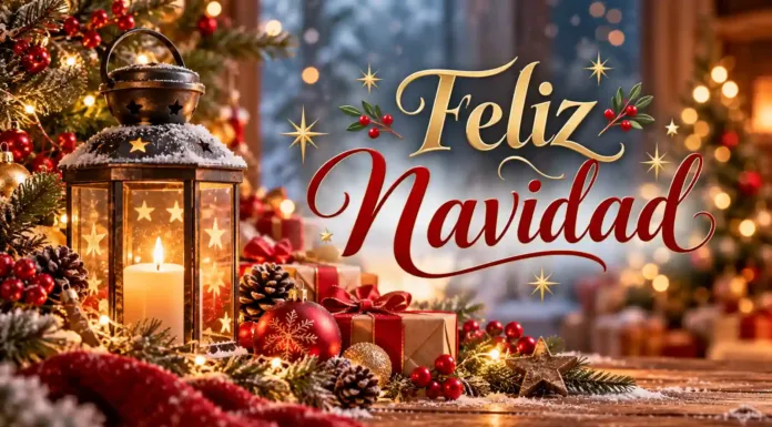 Imagen de Feliz Navidad con letras doradas y rojas, farol iluminado y decoración navideña.