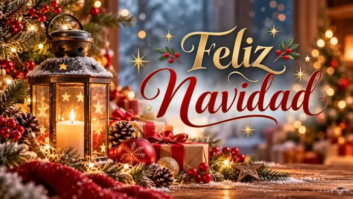 Imagen de Feliz Navidad con letras doradas y rojas, farol iluminado y decoración navideña.