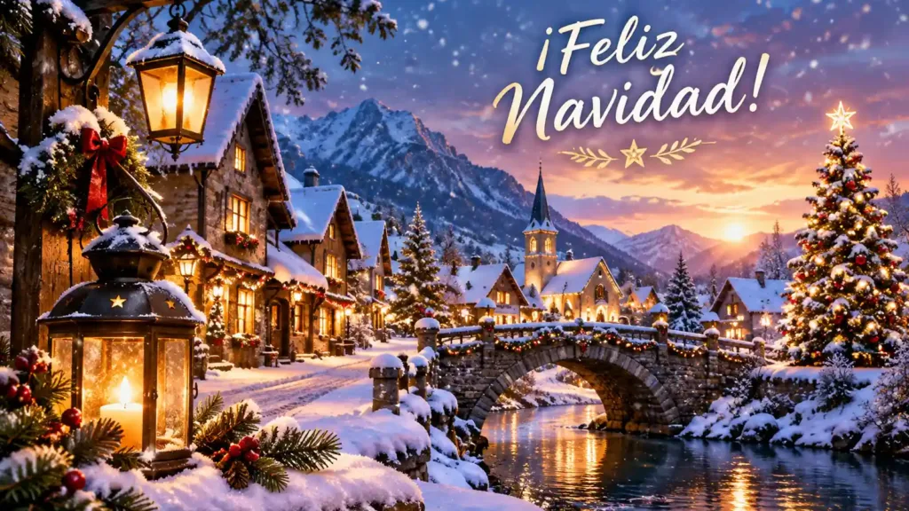 Pueblo navideño cubierto de nieve, con casas iluminadas, puente de piedra y árbol de Navidad junto al río.