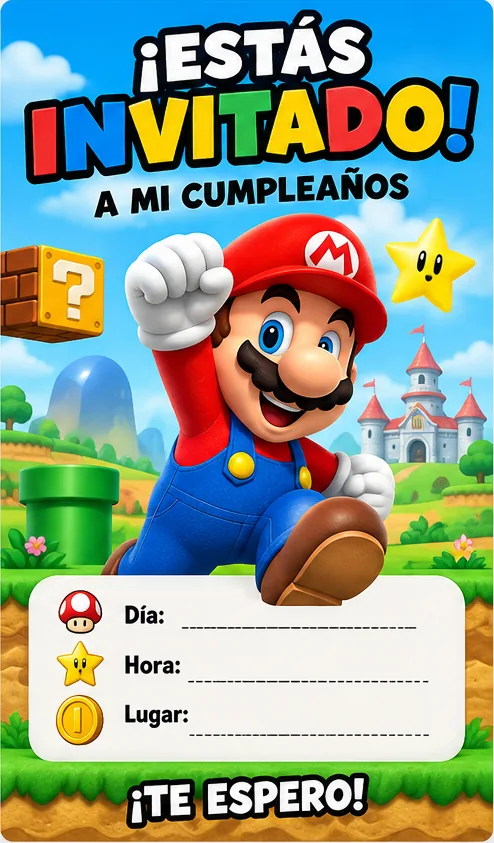 Invitación de cumpleaños de Mario Bros para imprimir con fondo azul, castillo y espacios para los datos de la fiesta.