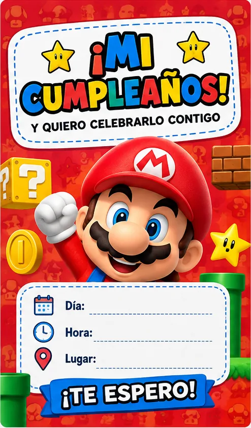 Tarjeta de cumpleaños temática de Mario Bros con fondo rojo y campos para personalizar la fecha, hora y lugar.
