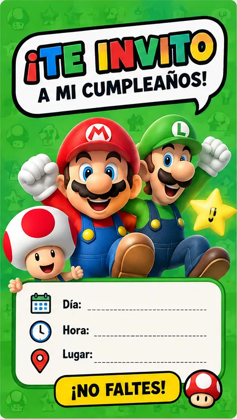 Invitación infantil de Mario, Luigi y Toad con fondo verde para compartir por WhatsApp.
