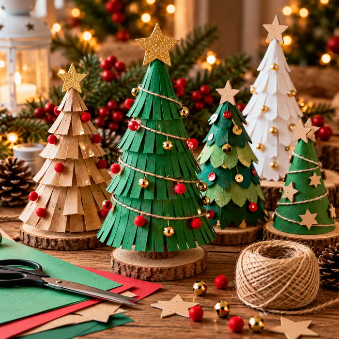 Miniárboles navideños caseros elaborados con cartulina verde, papel reciclado y pequeños adornos.